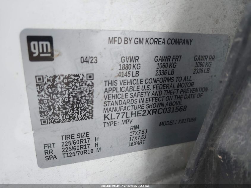 2024 Chevrolet Trax Fwd Lt VIN: KL77LHE2XRC031568 Lot: 43939349