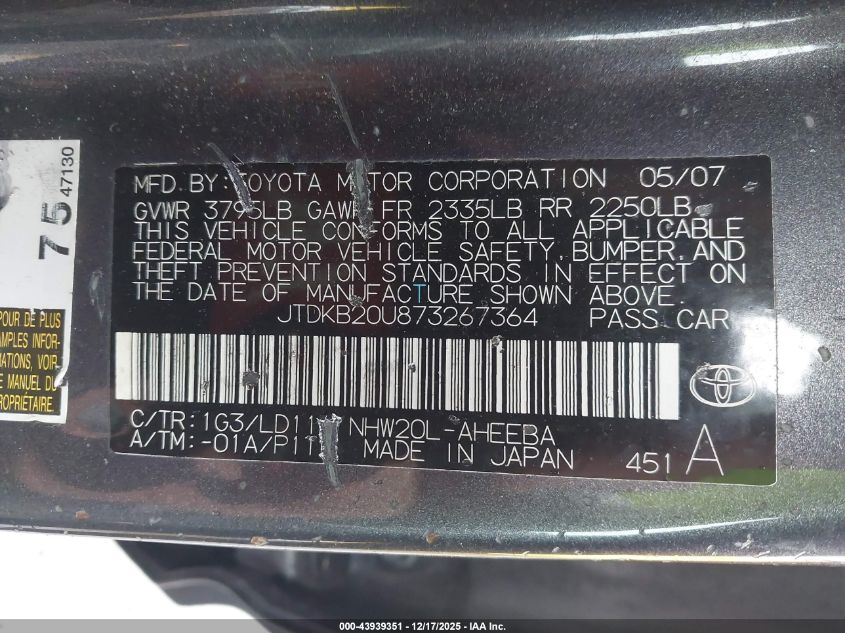 2007 Toyota Prius VIN: JTDKB20U873267364 Lot: 43939351
