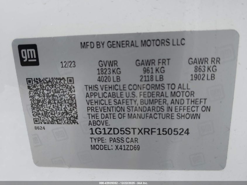 2024 Chevrolet Malibu Fwd 1Lt VIN: 1G1ZD5STXRF150524 Lot: 43939352