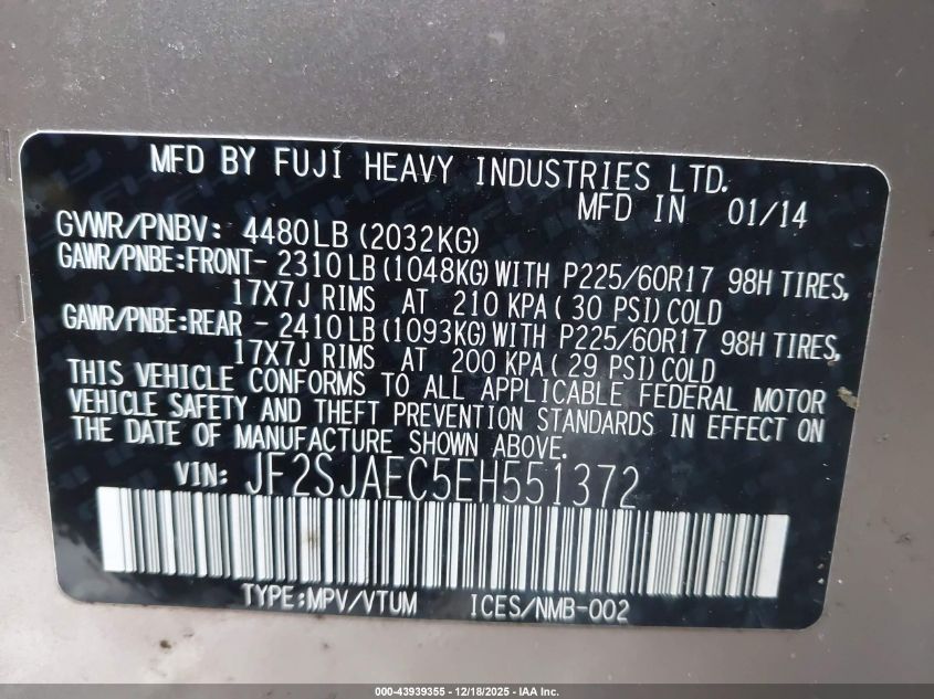 2014 Subaru Forester 2.5I Premium VIN: JF2SJAEC5EH551372 Lot: 43939355