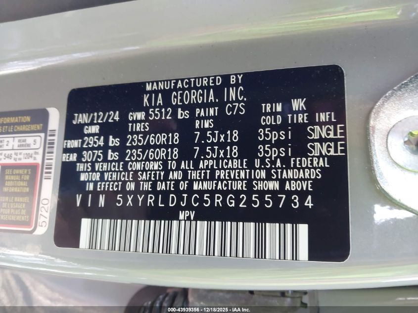 2024 Kia Sorento S VIN: 5XYRLDJC5RG255734 Lot: 43939356