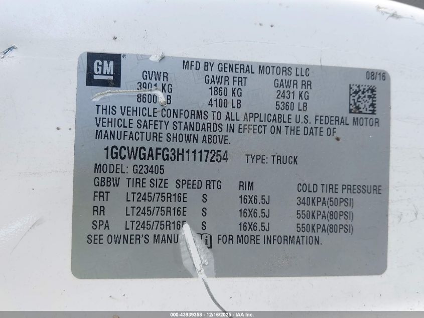 2017 Chevrolet Express 2500 Work Van VIN: 1GCWGAFG3H1117254 Lot: 43939358