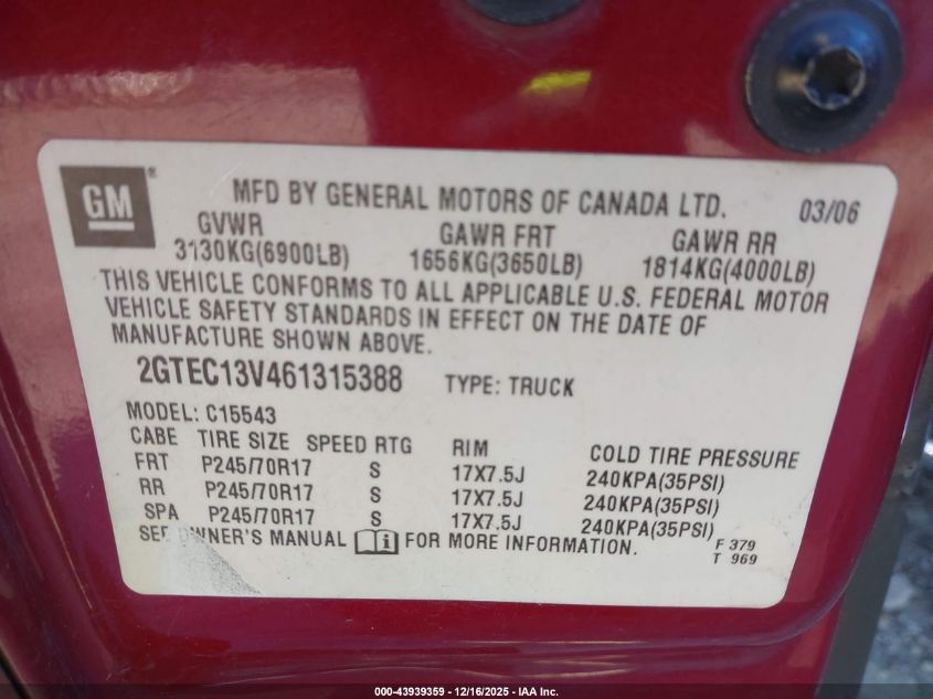 2006 GMC Sierra 1500 Sl VIN: 2GTEC13V461315388 Lot: 43939359