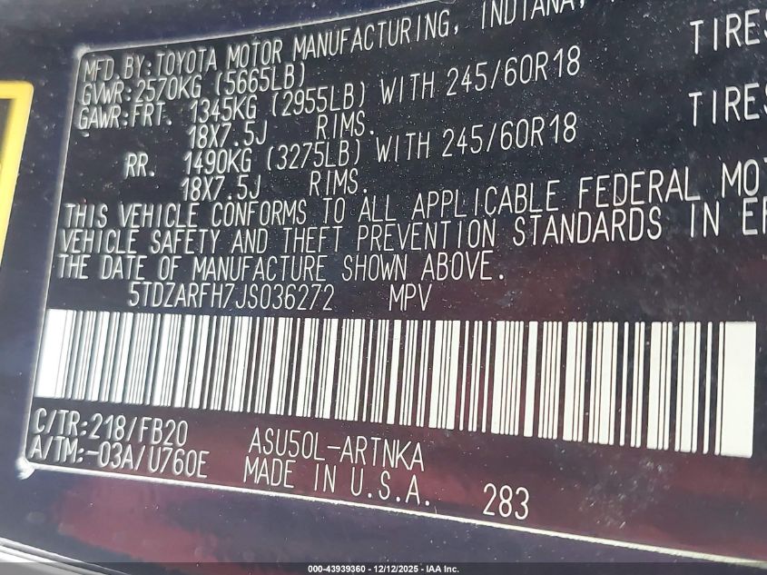 2018 Toyota Highlander Le VIN: 5TDZARFH7JS036272 Lot: 43939360