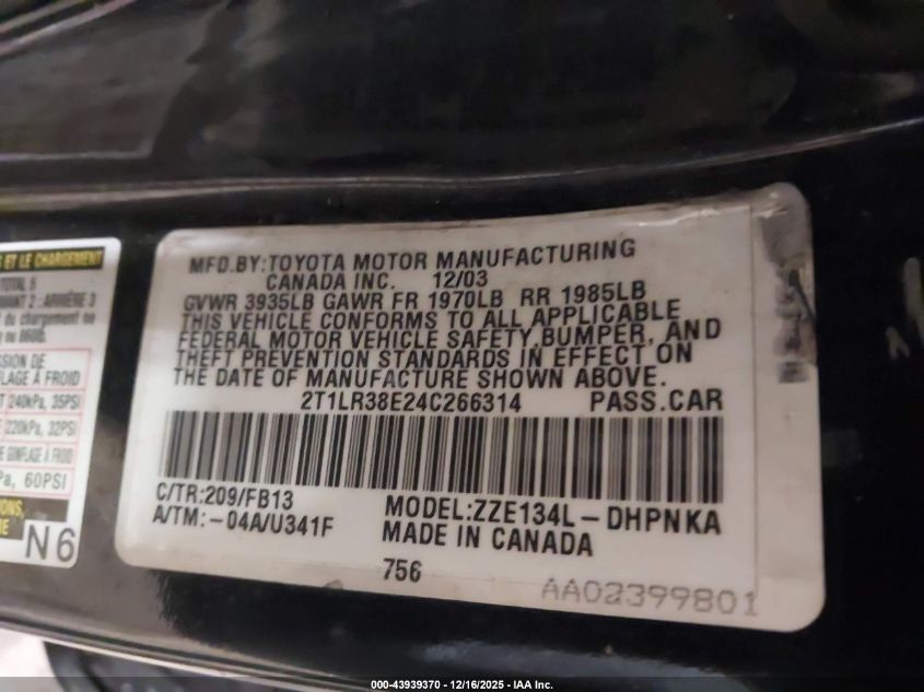 2004 Toyota Matrix Xr VIN: 2T1LR38E24C266314 Lot: 43939370