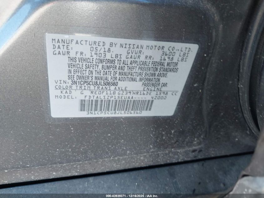 2018 Nissan Kicks Sv VIN: 3N1CP5CU8JL506560 Lot: 43939371