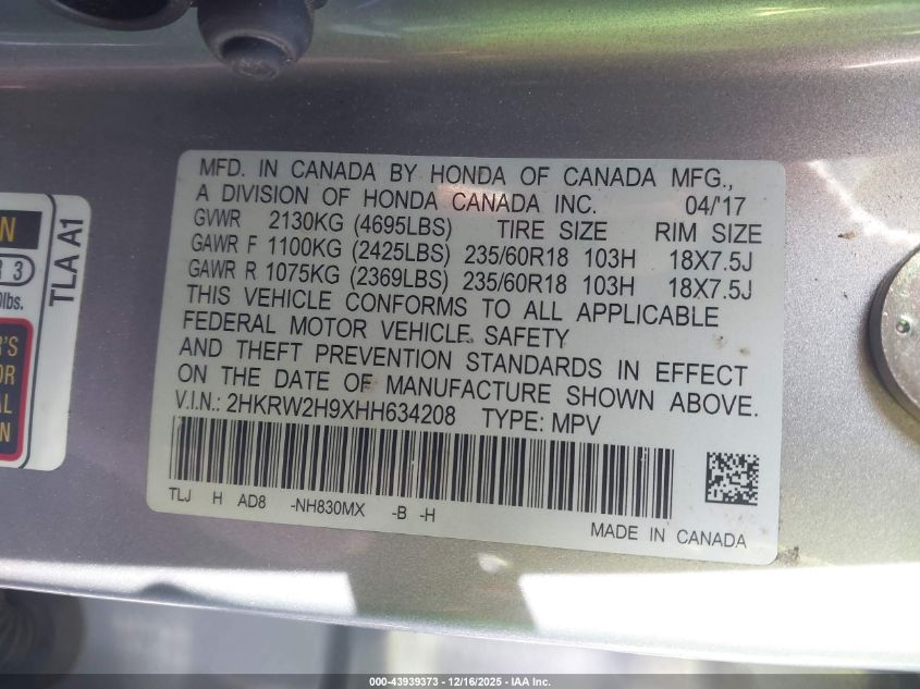 2017 Honda Cr-V Touring VIN: 2HKRW2H9XHH634208 Lot: 43939373