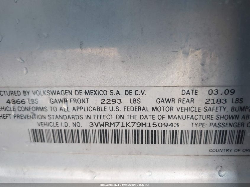 2009 Volkswagen Jetta Se VIN: 3VWRM71K79M150943 Lot: 43939374