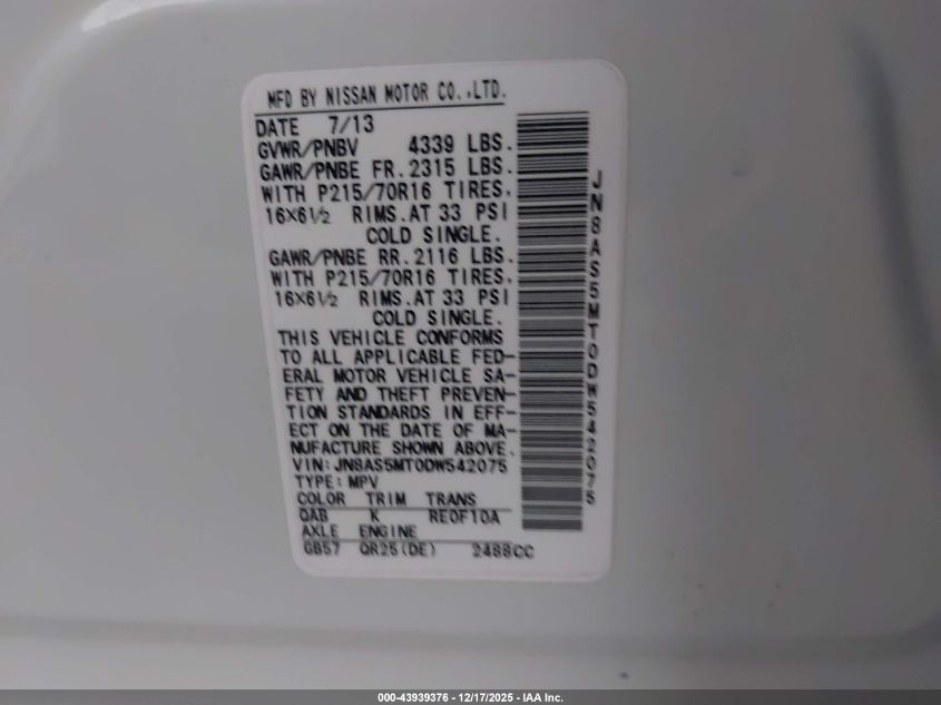 2013 Nissan Rogue S VIN: JN8AS5MT0DW542075 Lot: 43939376