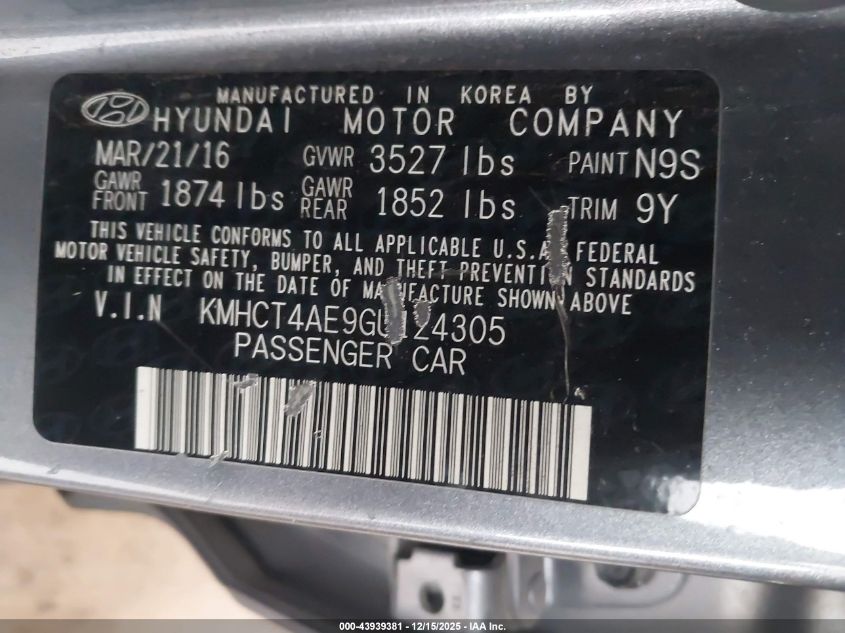 2016 Hyundai Accent Se VIN: KMHCT4AE9GU124305 Lot: 43939381