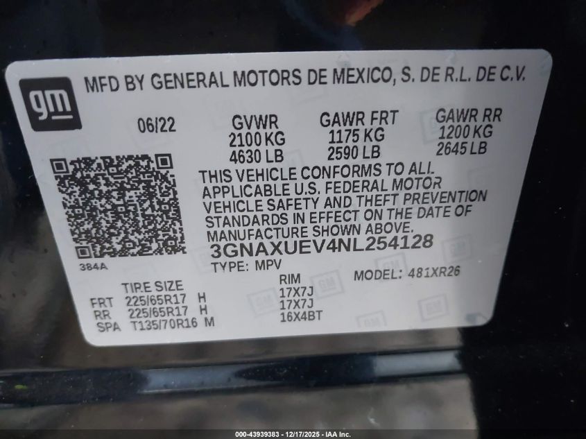 2022 Chevrolet Equinox Awd Lt VIN: 3GNAXUEV4NL254128 Lot: 43939383