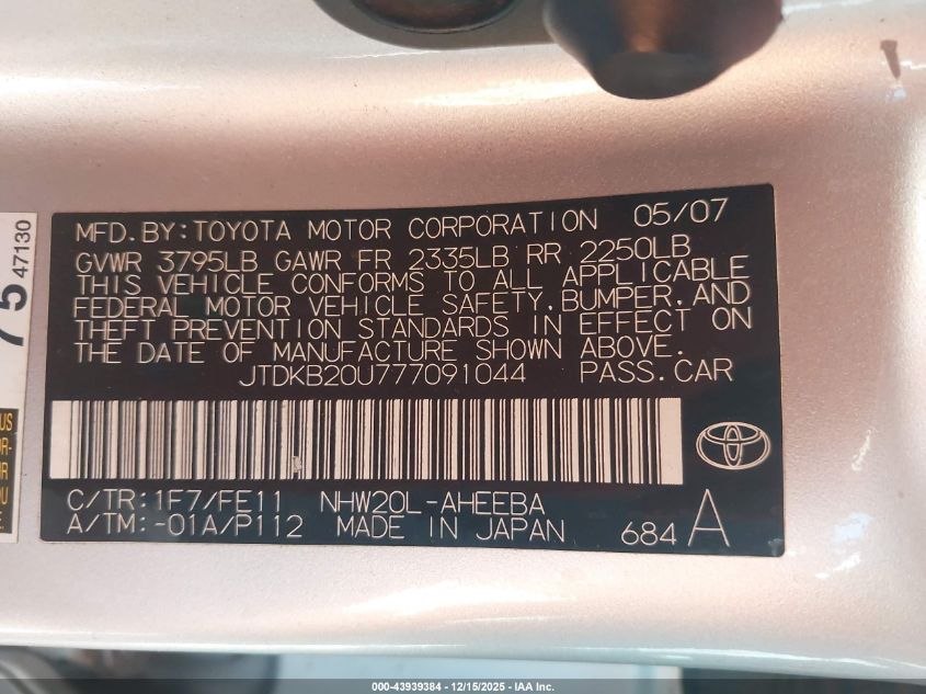 2007 Toyota Prius VIN: JTDKB20U777091044 Lot: 43939384