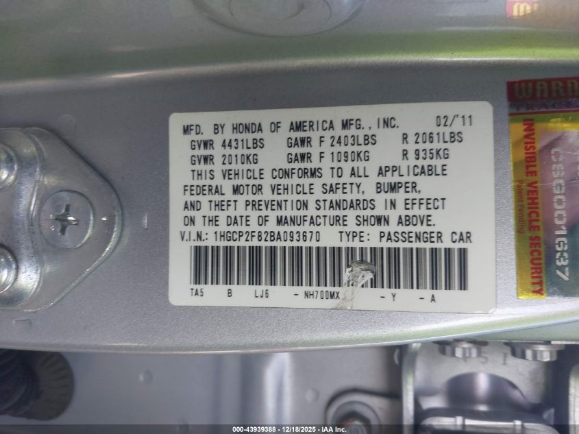 2011 Honda Accord 2.4 Ex-L VIN: 1HGCP2F82BA093670 Lot: 43939388