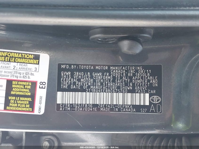 2011 Toyota Corolla Le VIN: 2T1BU4EE8BC675760 Lot: 43939389