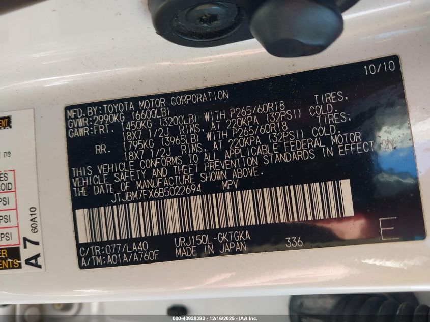 2011 Lexus Gx 460 VIN: JTJBM7FX6B5022694 Lot: 43939393