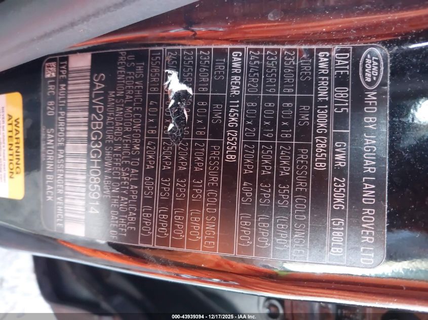 2016 Land Rover Range Rover Evoque Se/Se Premium VIN: SALVP2BG3GH085914 Lot: 43939394