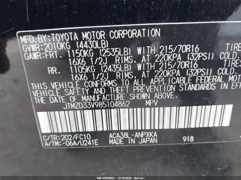 2008 Toyota Rav4 VIN: JTMZD33V985104862 Lot: 43939401