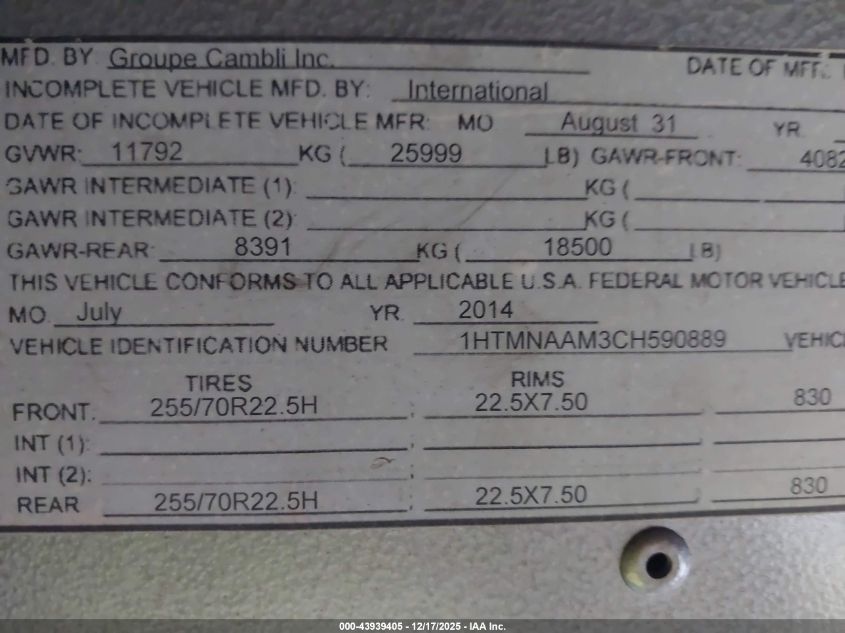 2012 International 4000 4300 Lp VIN: 1HTMNAAM3CH590889 Lot: 43939405