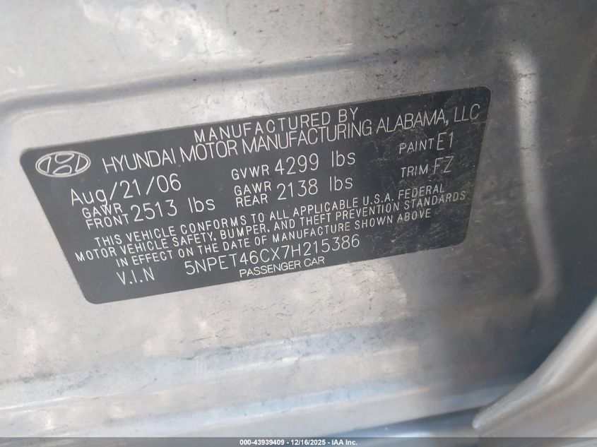 2007 Hyundai Sonata Gls VIN: 5NPET46CX7H215386 Lot: 43939409