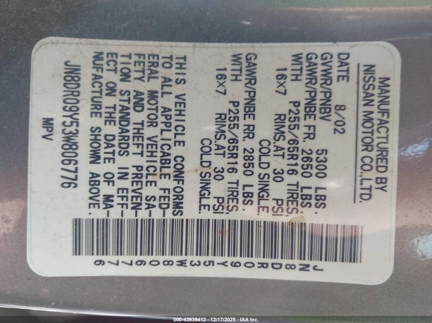 2003 Nissan Pathfinder Se VIN: JN8DR09Y53W806776 Lot: 43939412