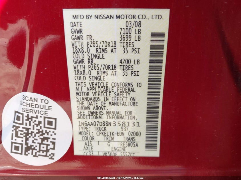 1N6AA07D88N358131 2008 NISSAN TITAN photo no. 9