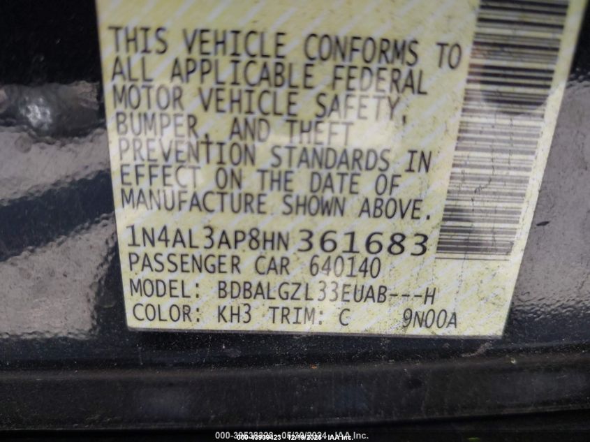 2017 Nissan Altima 2.5 S VIN: 1N4AL3AP8HN361683 Lot: 43939423