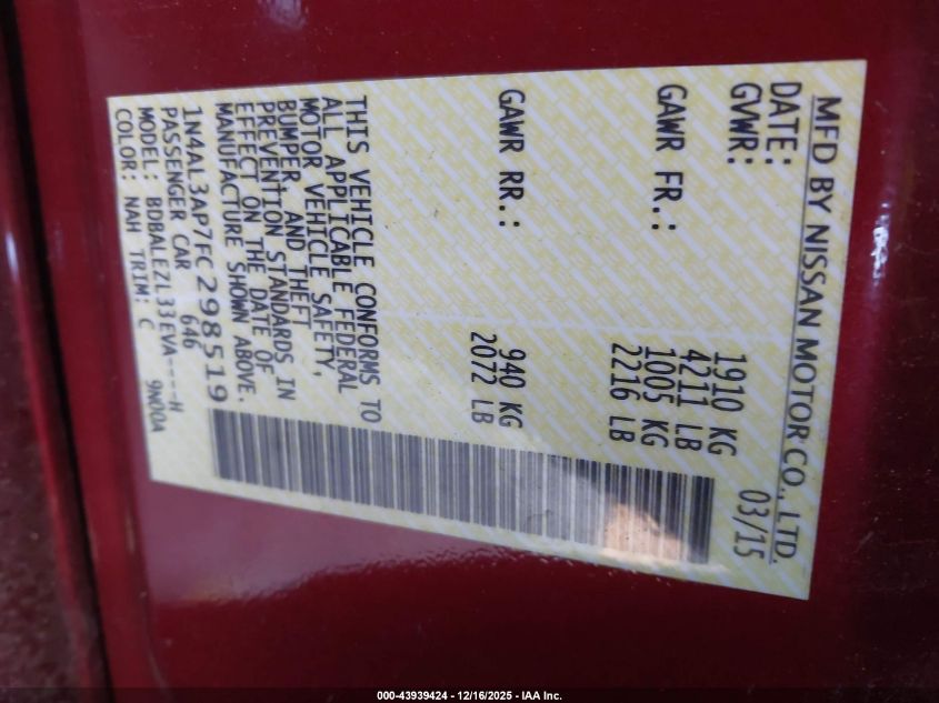 2015 Nissan Altima 2.5 S VIN: 1N4AL3AP7FC298519 Lot: 43939424