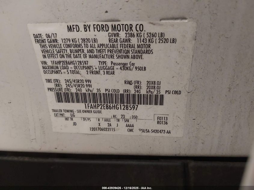 2017 Ford Taurus Sel VIN: 1FAHP2E86HG128597 Lot: 43939426