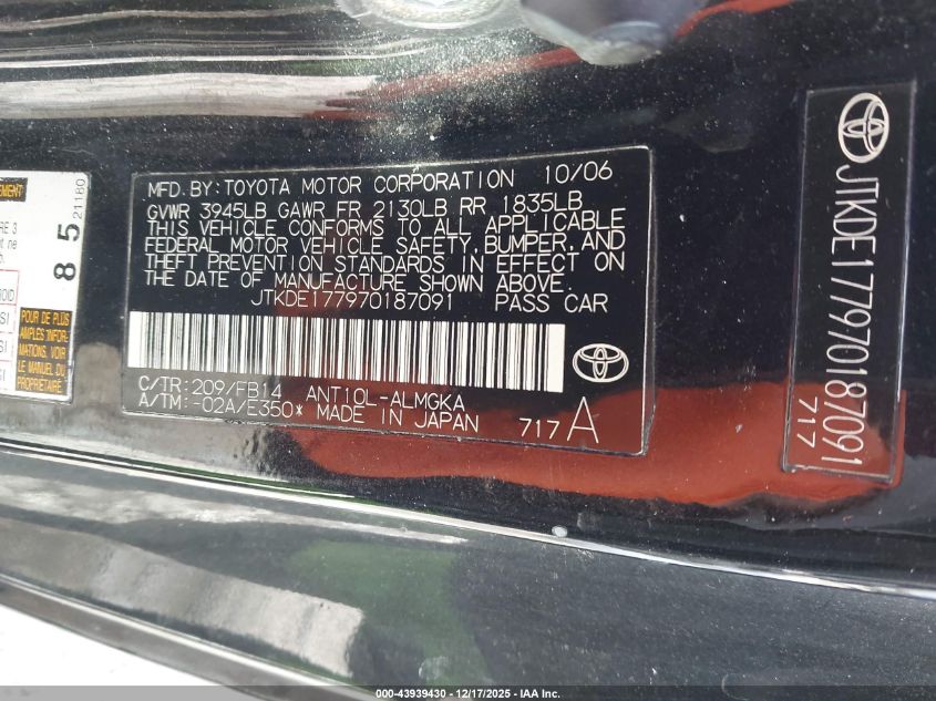 2007 Scion Tc VIN: JTKDE177970187091 Lot: 43939430