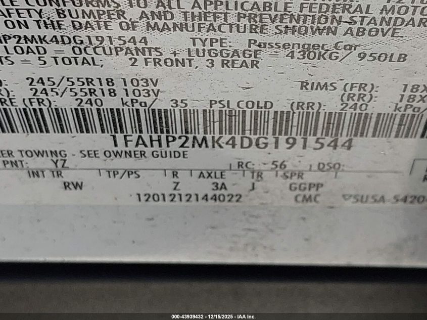 2013 Ford Police Interceptor VIN: 1FAHP2MK4DG191544 Lot: 43939432