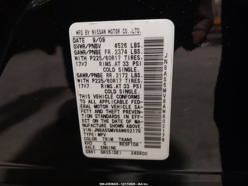 2010 Nissan Rogue Sl VIN: JN8AS5MV8AW602178 Lot: 43939435