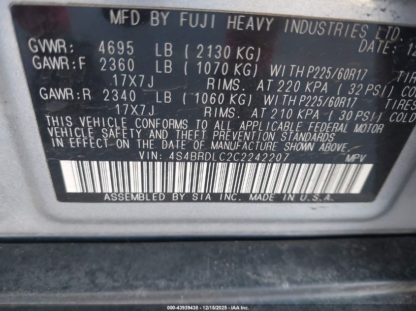 2012 Subaru Outback 3.6R Limited VIN: 4S4BRDLC2C2242207 Lot: 43939438