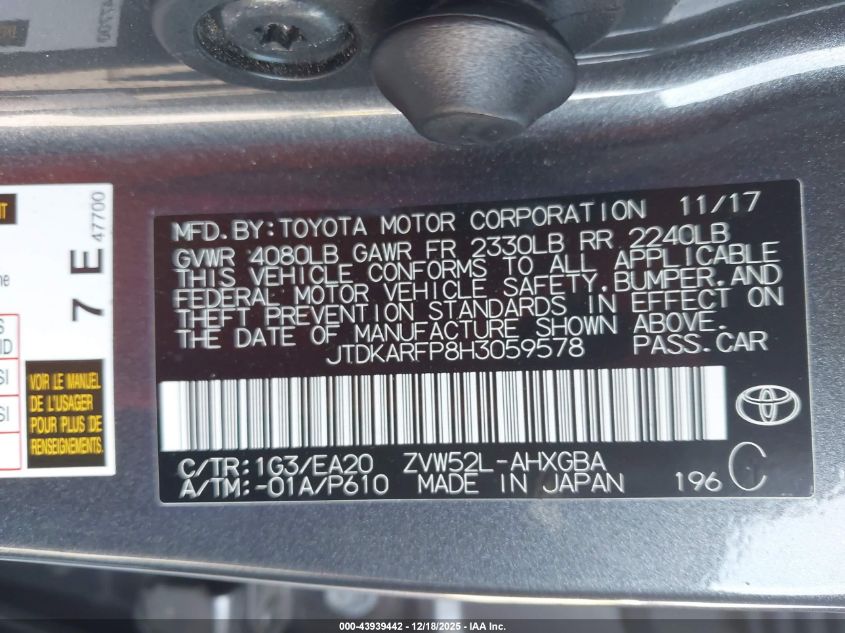 2017 Toyota Prius Prime Premium VIN: JTDKARFP8H3059578 Lot: 43939442