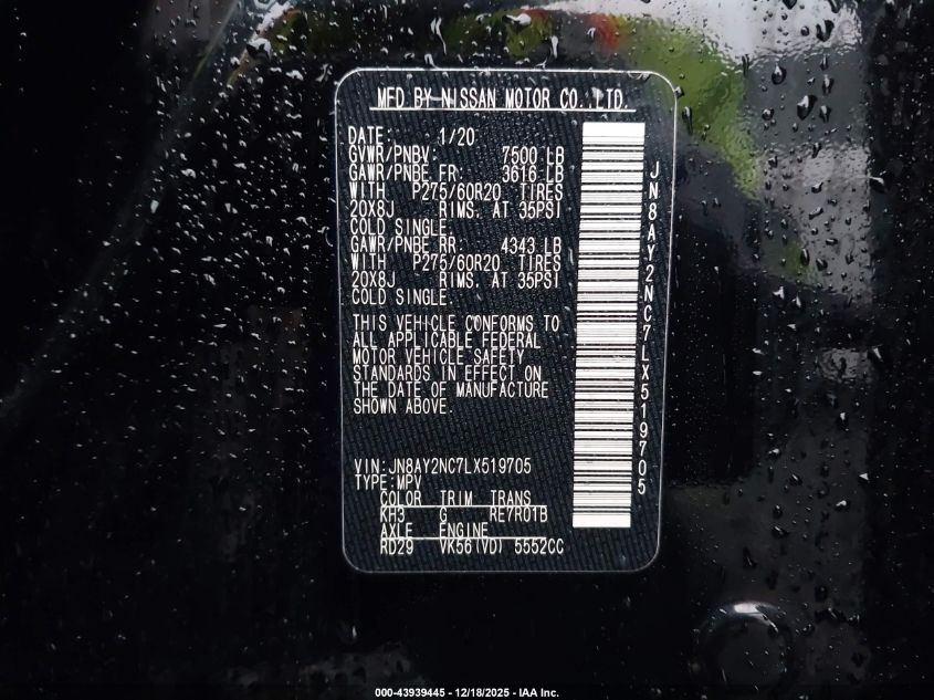 2020 Nissan Armada Sl 4Wd VIN: JN8AY2NC7LX519705 Lot: 43939445