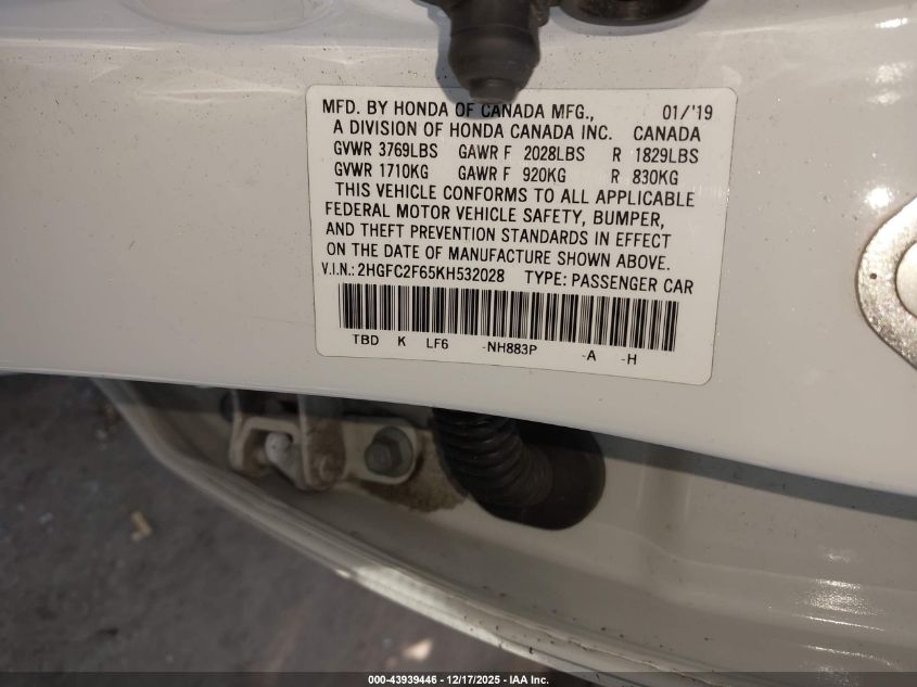 2019 Honda Civic Lx VIN: 2HGFC2F65KH532028 Lot: 43939446