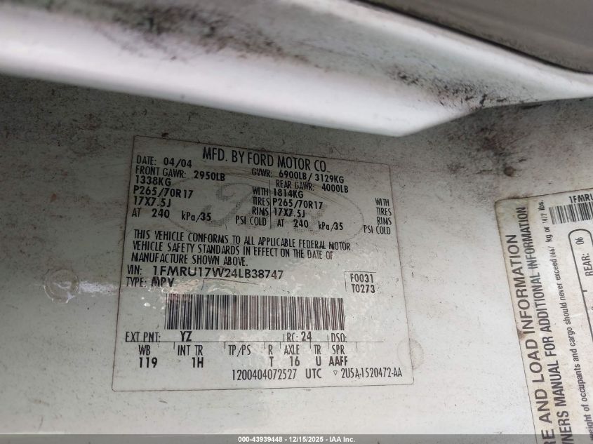 2004 Ford Expedition Eddie Bauer VIN: 1FMRU17W24LB38747 Lot: 43939448