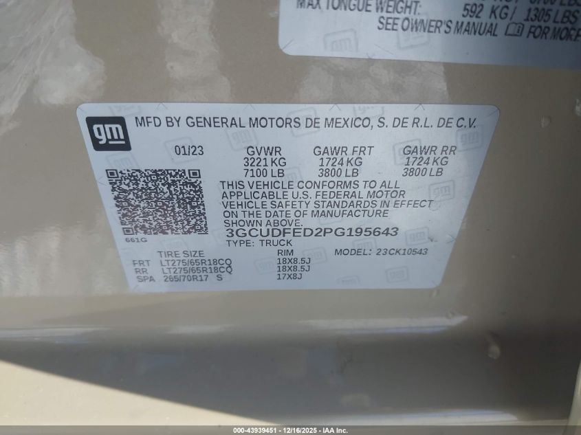 2023 Chevrolet Silverado 1500 4Wd Short Bed Lt Trail Boss VIN: 3GCUDFED2PG195643 Lot: 43939451