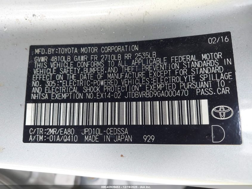 2016 Toyota Mirai VIN: JTDBVRBD9GA000470 Lot: 43939453