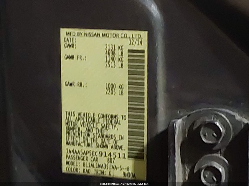 2014 Nissan Maxima 3.5 Sv VIN: 1N4AA5AP5EC914511 Lot: 43939454