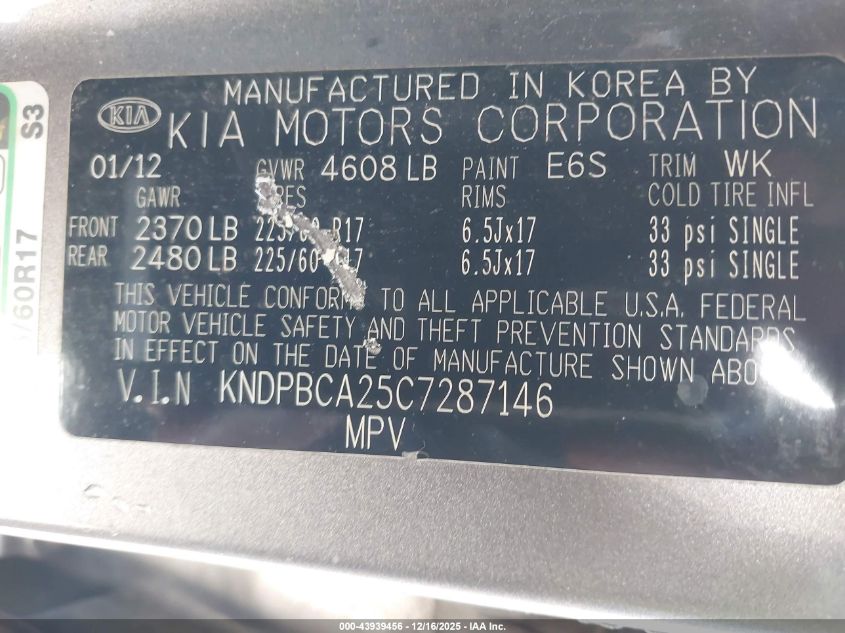 2012 Kia Sportage Lx VIN: KNDPBCA25C7287146 Lot: 43939456