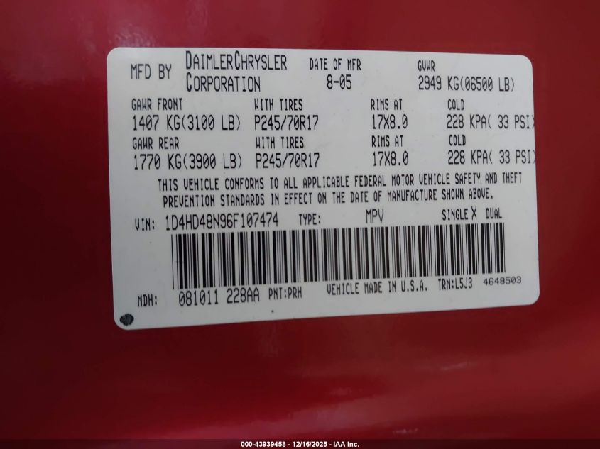 2006 Dodge Durango Slt VIN: 1D4HD48N96F107474 Lot: 43939458