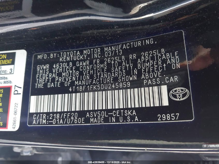 2013 Toyota Camry Se VIN: 4T1BF1FK5DU245859 Lot: 43939459