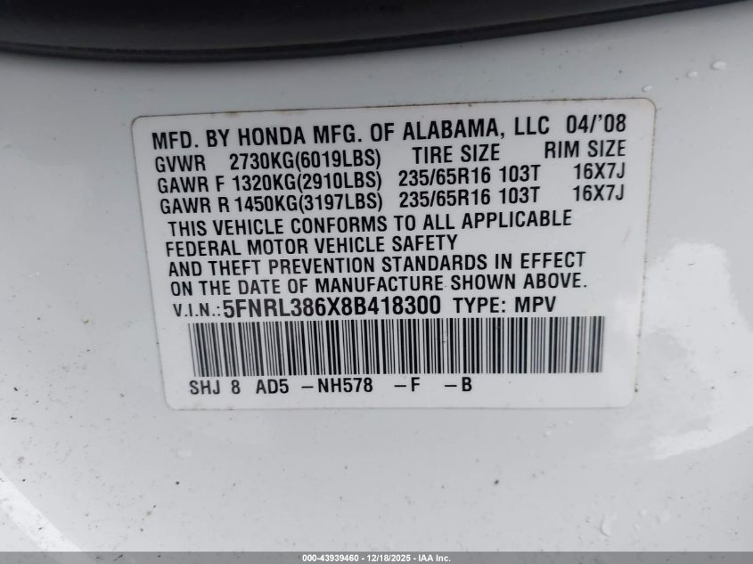 2008 Honda Odyssey Ex-L VIN: 5FNRL386X8B418300 Lot: 43939460