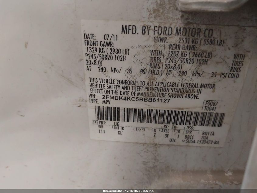 2011 Ford Edge Limited VIN: 2FMDK4KC5BBB61127 Lot: 43939461