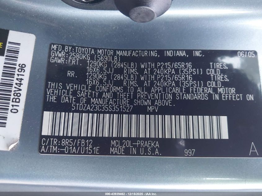 2005 Toyota Sienna Le VIN: 5TDZA23C35S351527 Lot: 43939462