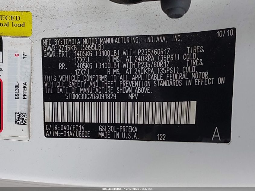 2011 Toyota Sienna Le V6 VIN: 5TDKK3DC2BS091829 Lot: 43939464