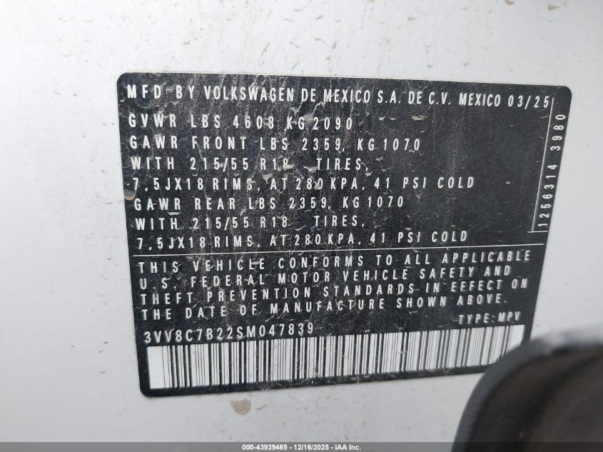 2025 Volkswagen Taos 1.5T S VIN: 3VV8C7B22SM047839 Lot: 43939469