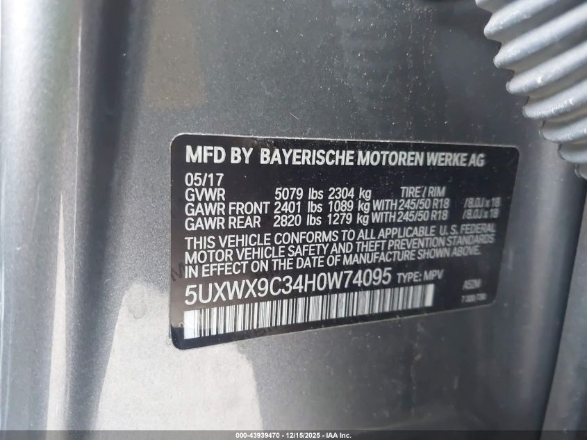 2017 BMW X3 xDrive28I VIN: 5UXWX9C34H0W74095 Lot: 43939470