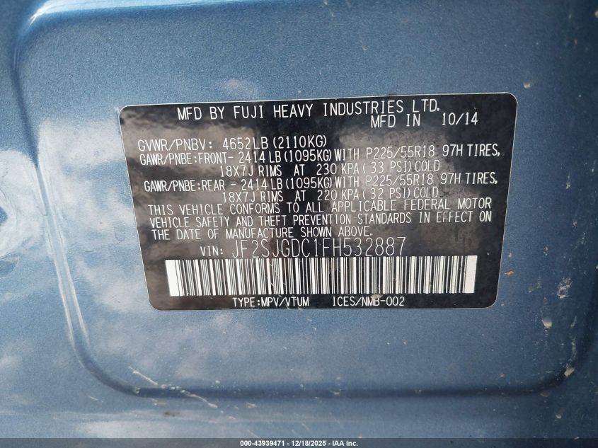 2015 Subaru Forester 2.0Xt Premium VIN: JF2SJGDC1FH532887 Lot: 43939471