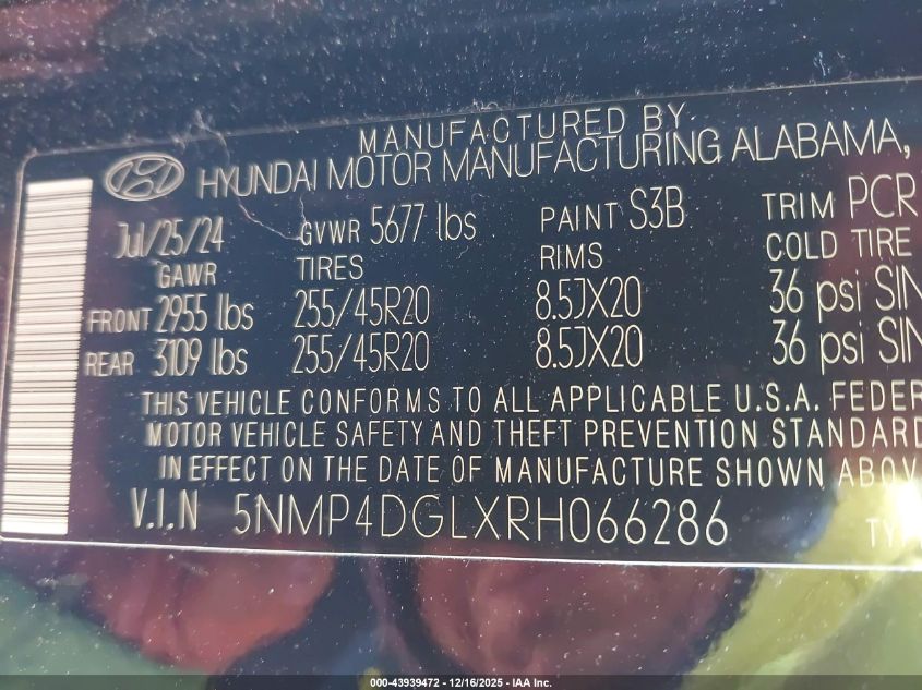 2024 Hyundai Santa Fe Limited VIN: 5NMP4DGLXRH066286 Lot: 43939472